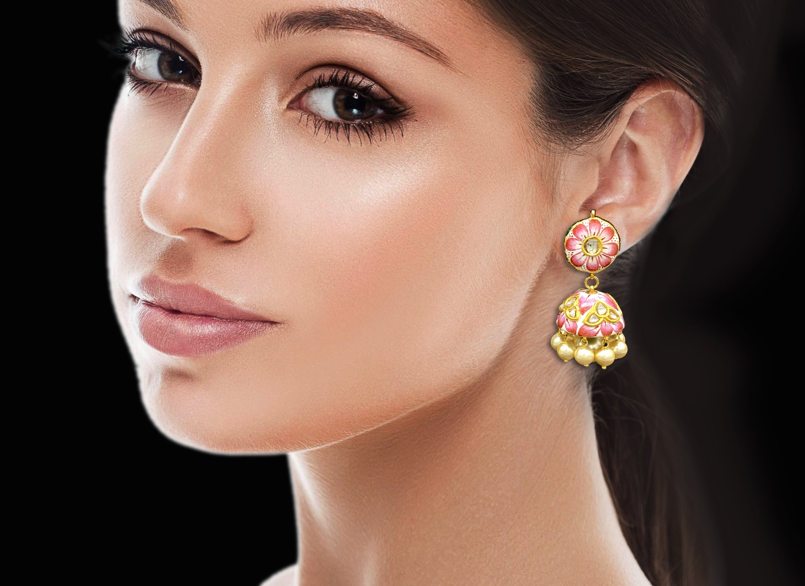 23k Gold and Diamond Polki Jhumki Earring Pair with pink floral enamelling - G. K. Ratnam