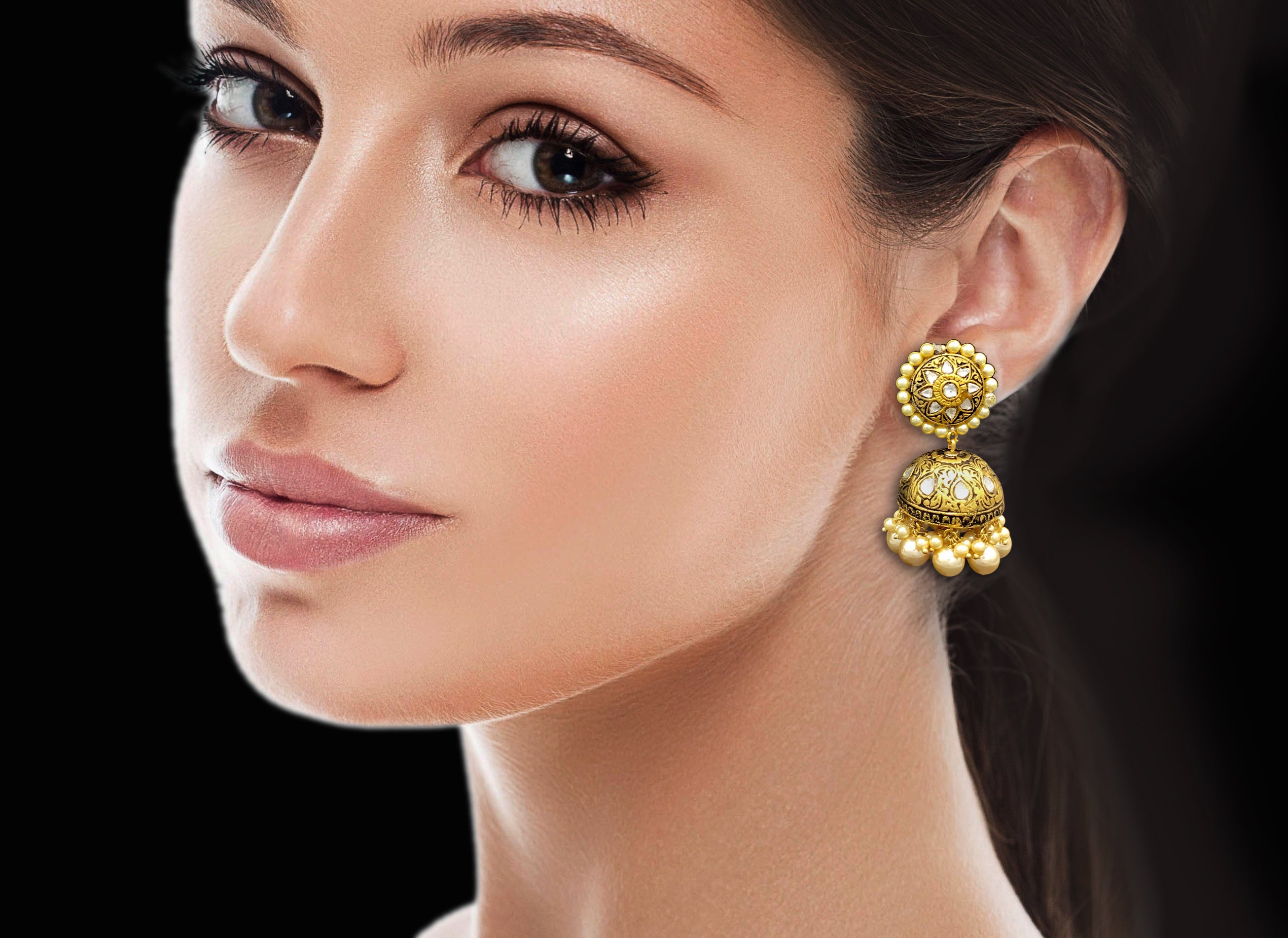 23k Gold and Diamond Polki Antique Tops and Jhumki Earring Pair with intricate goldwork - G. K. Ratnam