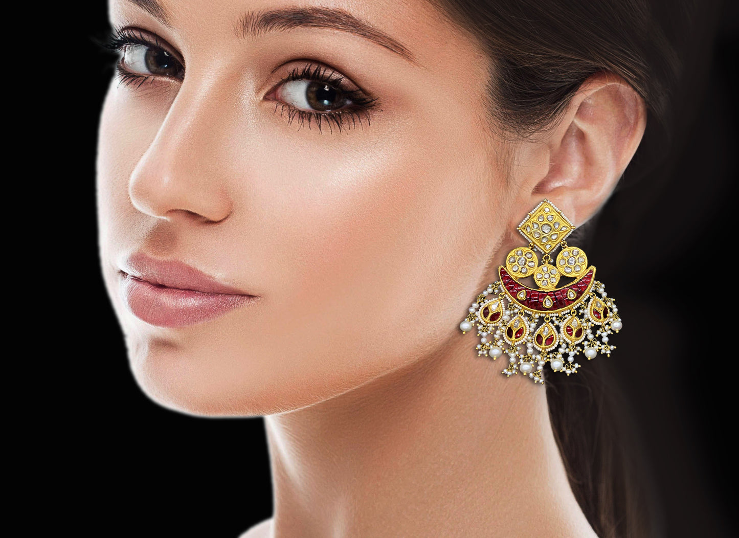 23k Gold and Diamond Polki Chandelier Earring Pair with ruby-red stones - G. K. Ratnam