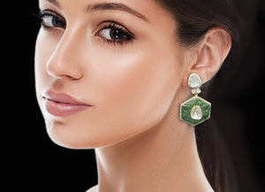 14k Gold and Diamond Polki Open Setting Long Earring Pair with emerald-grade green motifs
