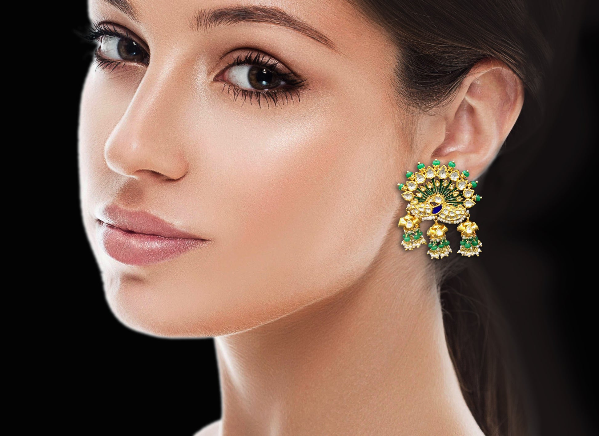 18k Gold and Diamond Polki Peacock Karanphool Earring Pair with small jhumkis strung in emerald-grade green beryls - G. K. Ratnam