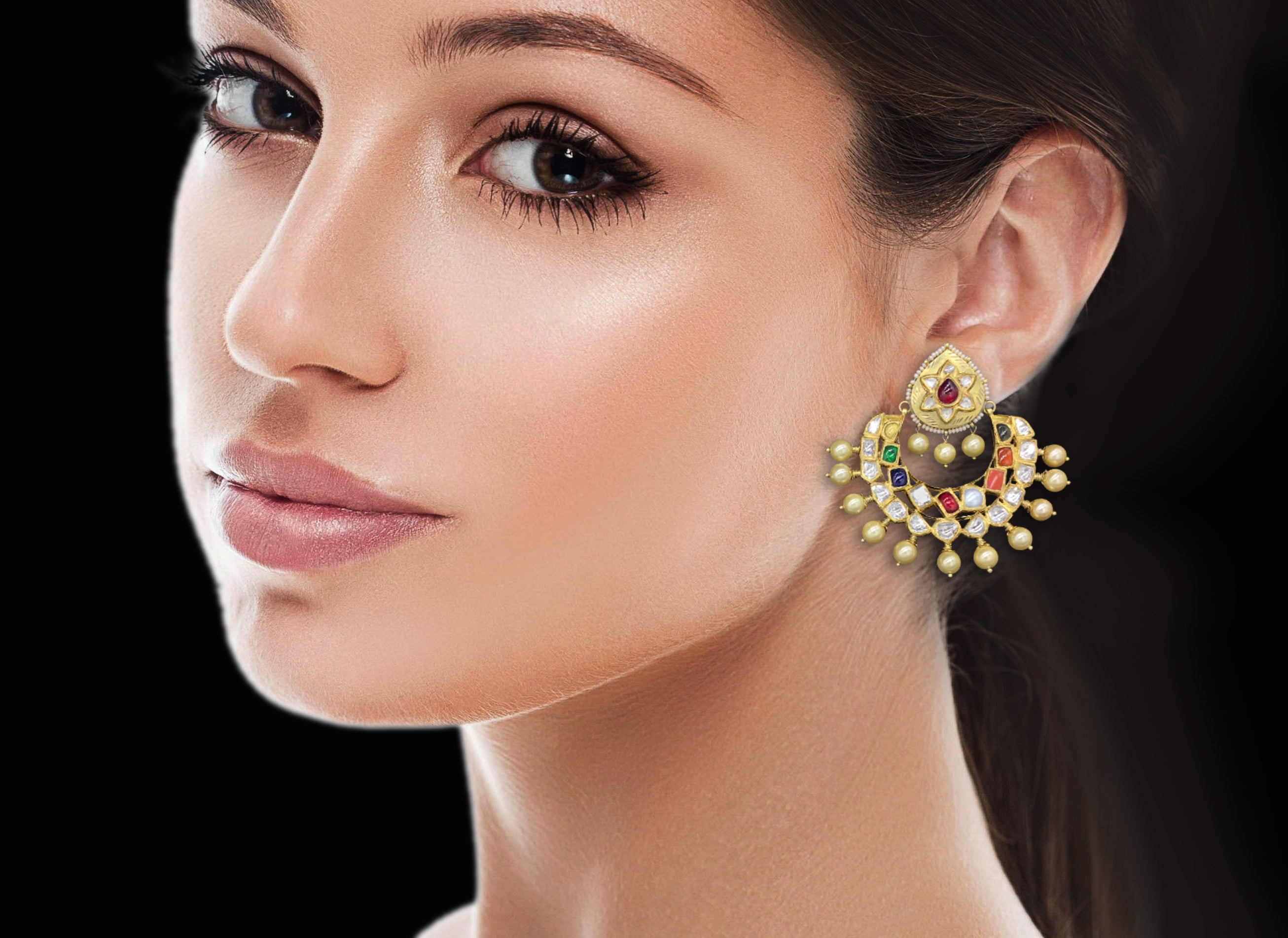 18k Gold and Diamond Polki Chand Bali Earring Pair with Navratna Stones - G. K. Ratnam