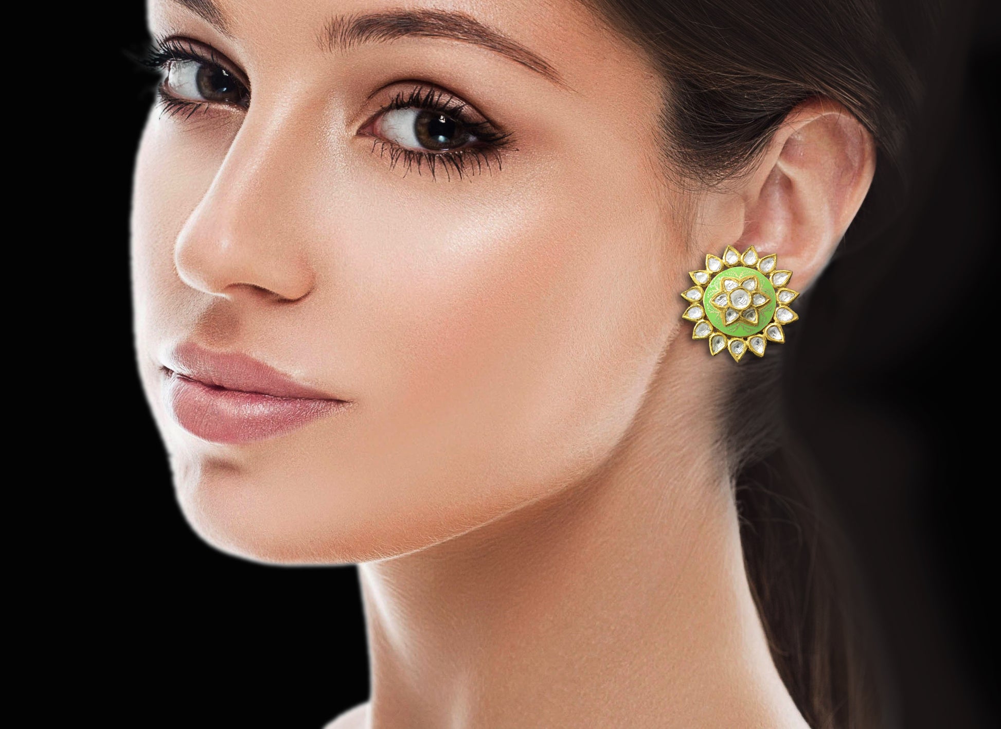 18k Gold and Diamond Polki peridot-green enamel Karanphool Earring Pair - G. K. Ratnam