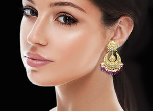 23k Gold and Diamond Polki Chand Bali Earring pair with natural freshwater pearls and tourmaline-look red stones