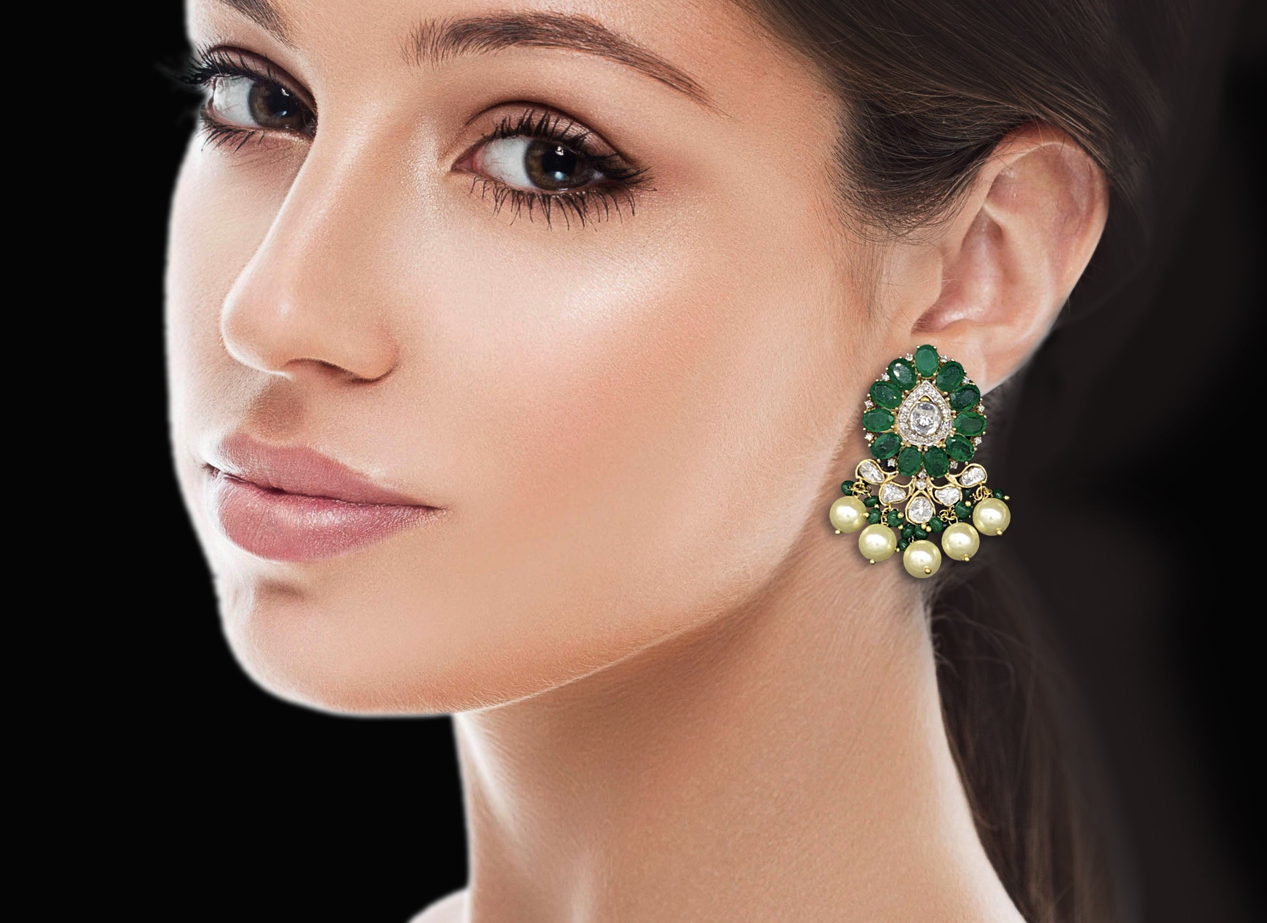 14k Gold and Diamond Polki fancy Open Setting Karanphool Earring Pair with emerald-grade green onyx