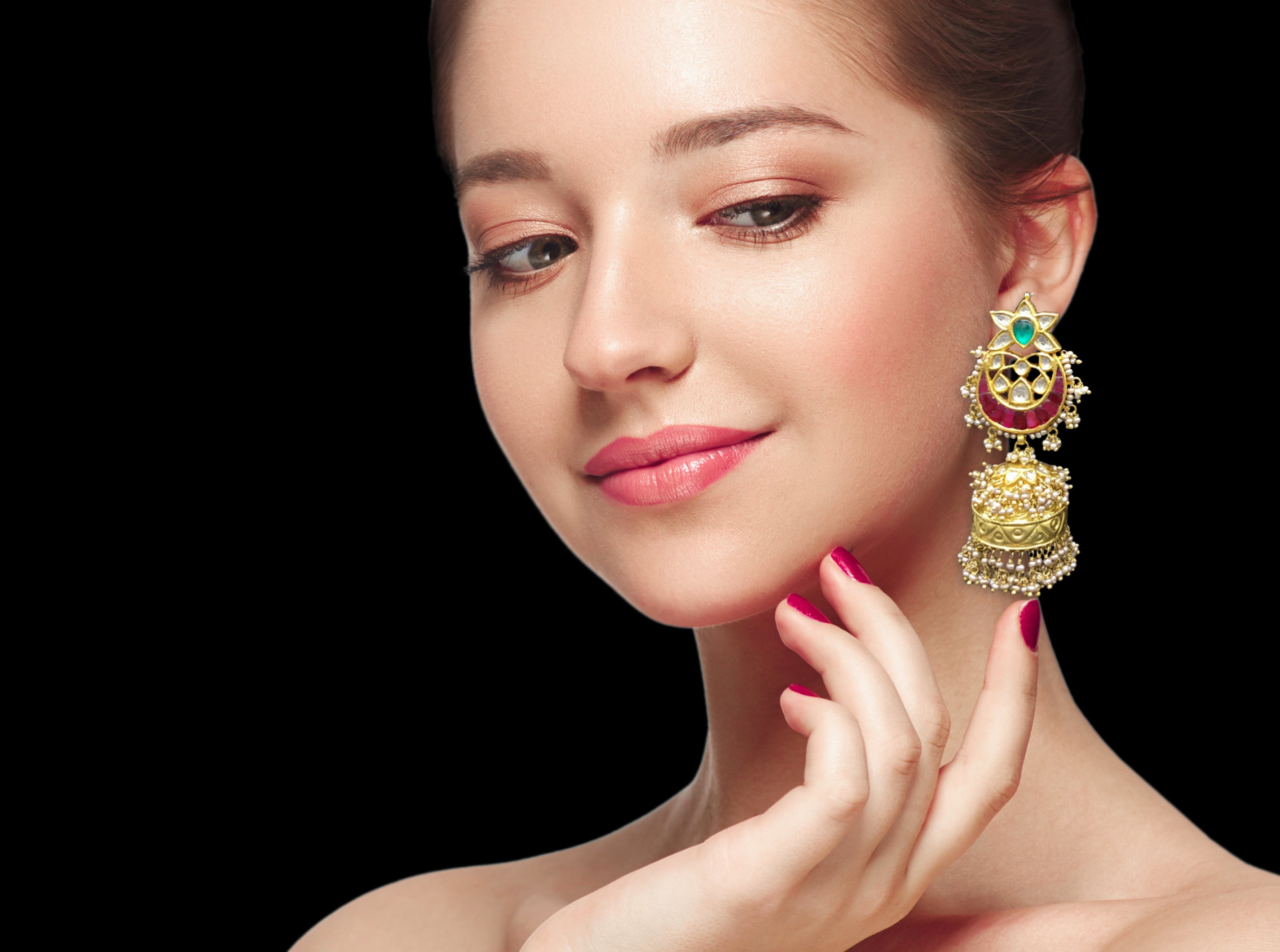 22k Gold and Diamond Polki Karanphool Jhumki Earring Pair with rubies, emeralds and antique hyderabadi pearls