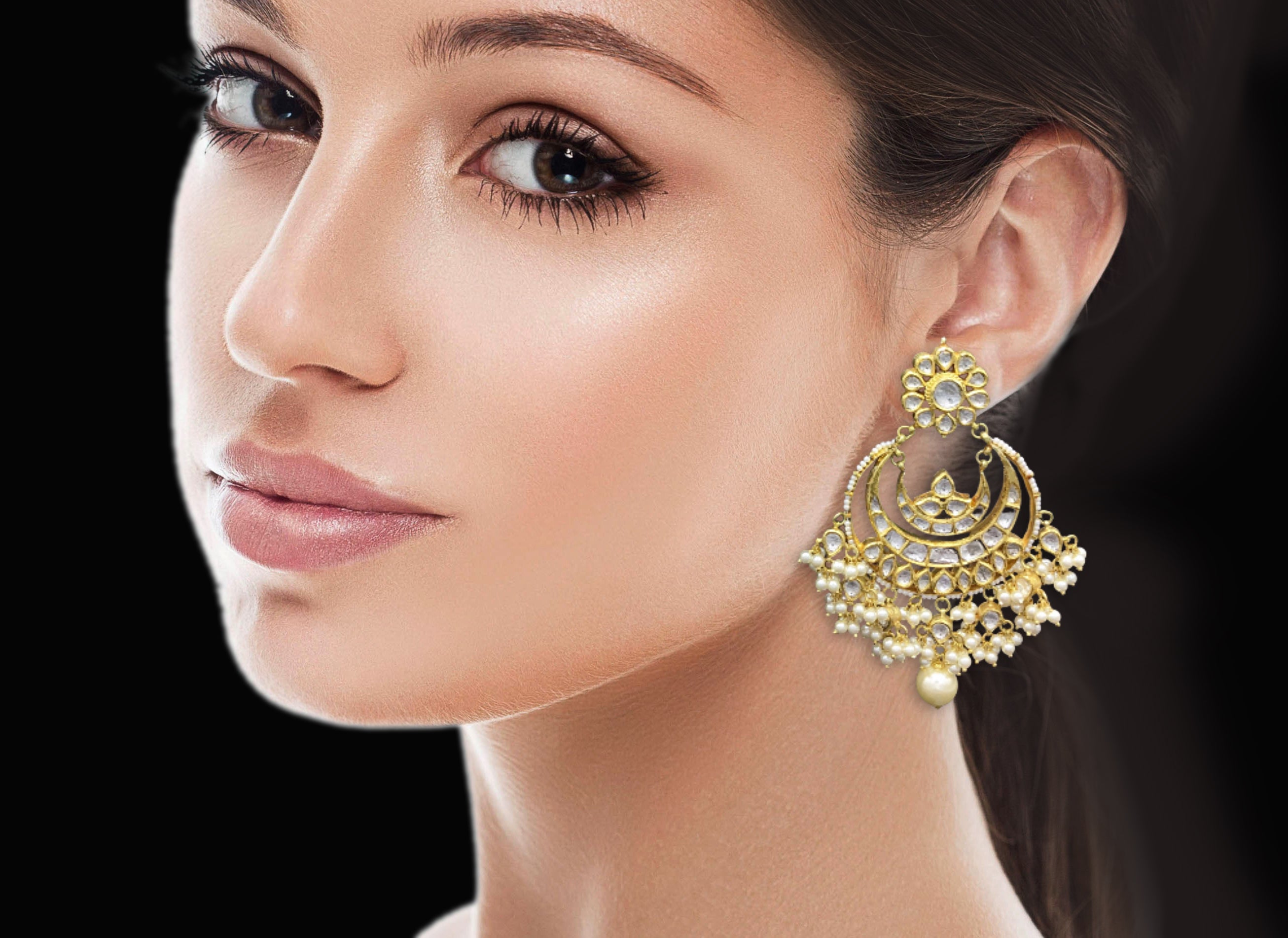 18k Gold and Diamond Polki Round multi-tier Chand Bali Earring Pair with pearls