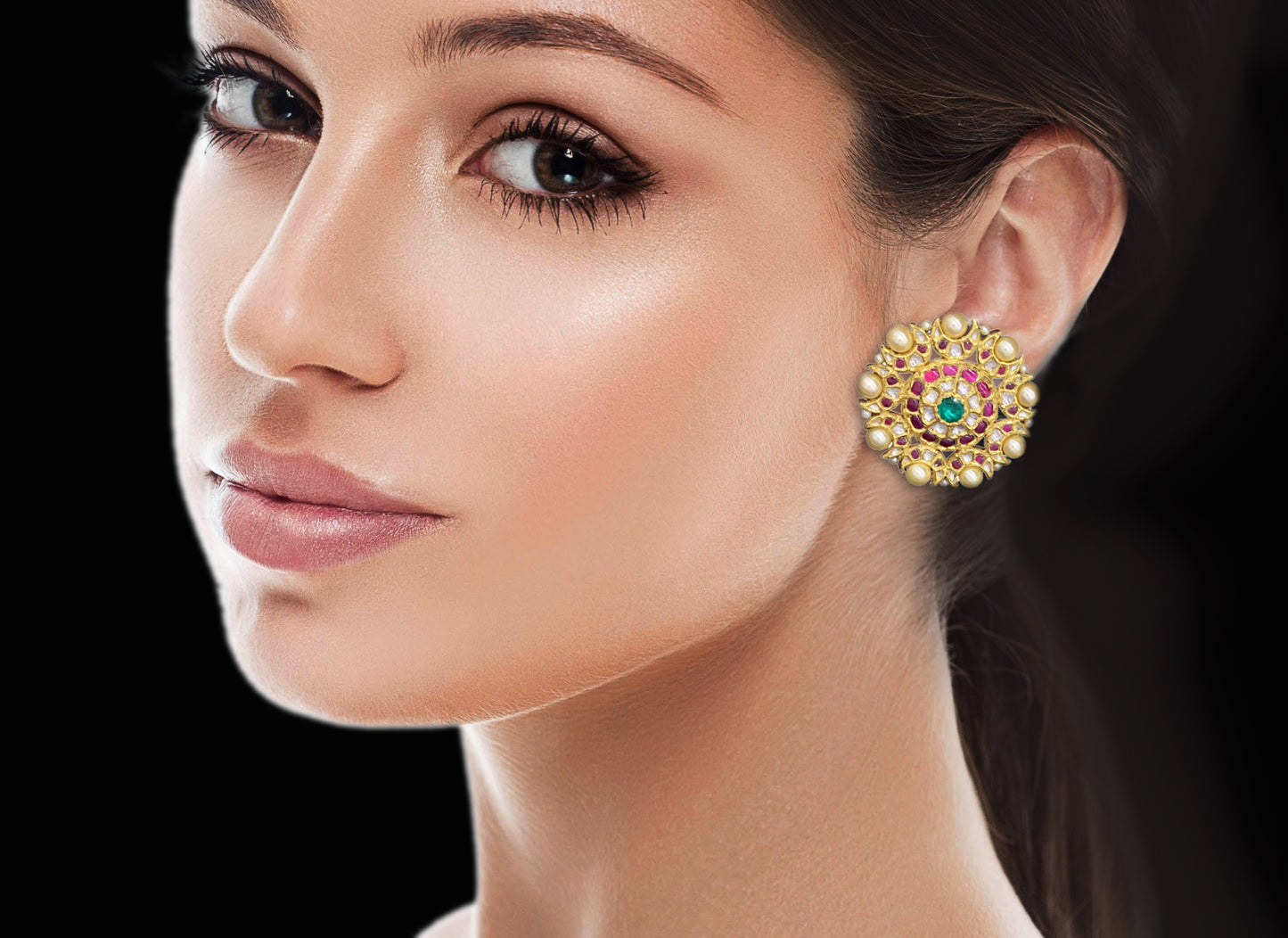 18k Gold and Diamond Polki south-style Karanphool Earring Pair with Rubies and Emeralds - G. K. Ratnam