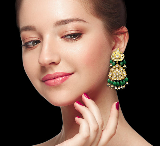 Traditional Gold and Diamond Polki Long Earring Pair with emerald-grade green beryls - G. K. Ratnam
