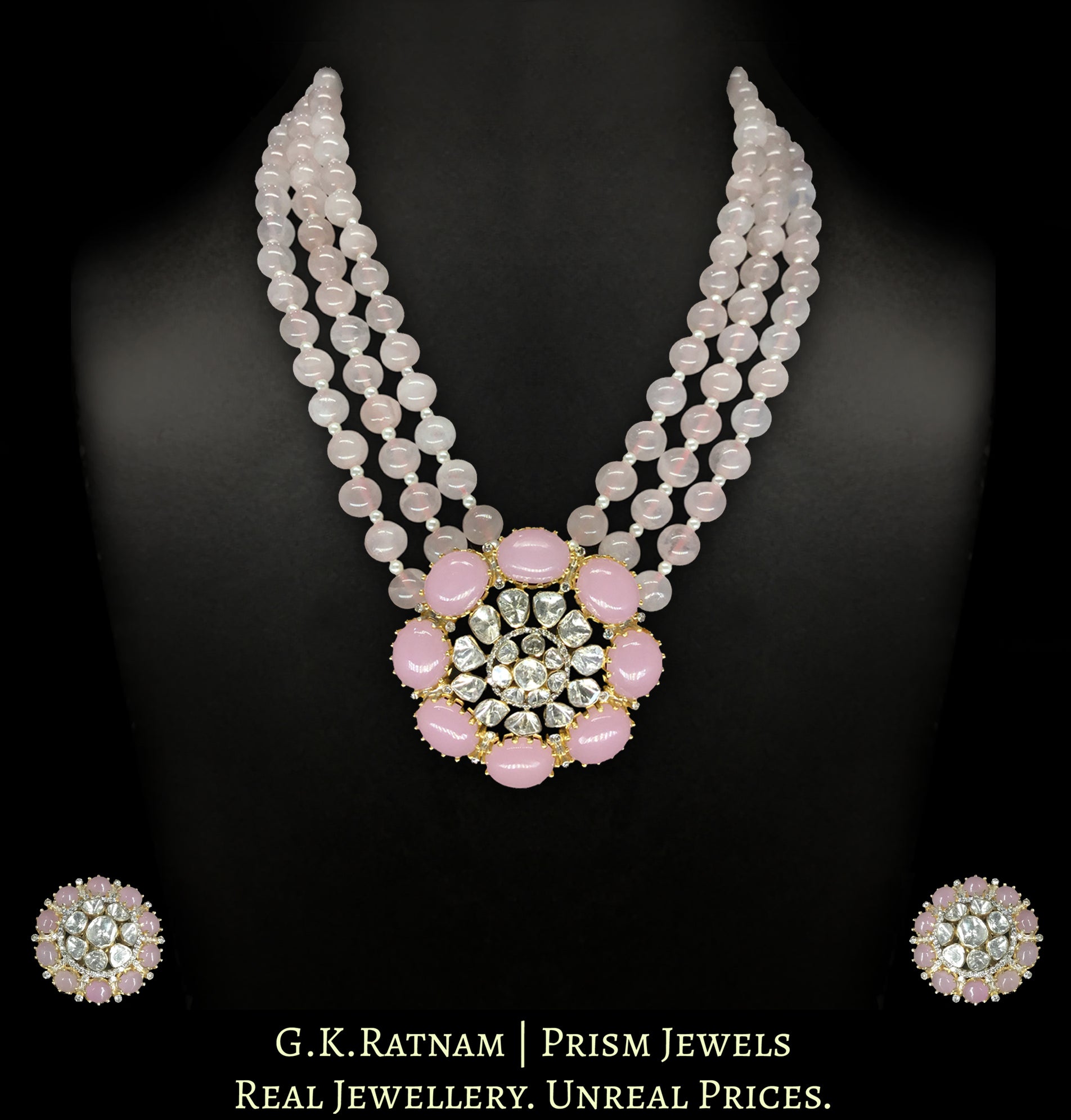 18k Gold and Diamond Polki Open Setting pink Pendant Set With Rose Quartz Beads