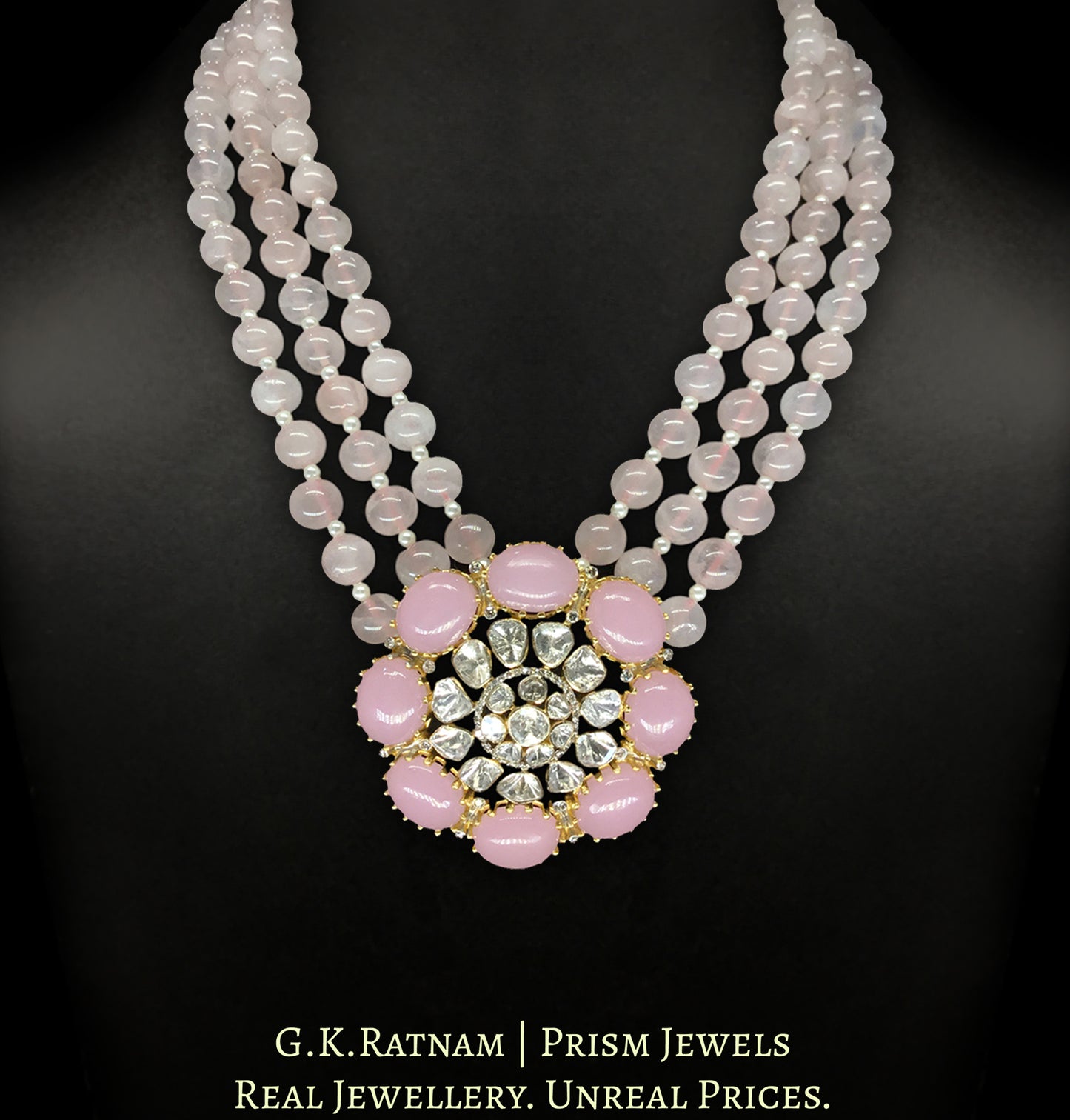 18k Gold and Diamond Polki Open Setting pink Pendant Set With Rose Quartz Beads